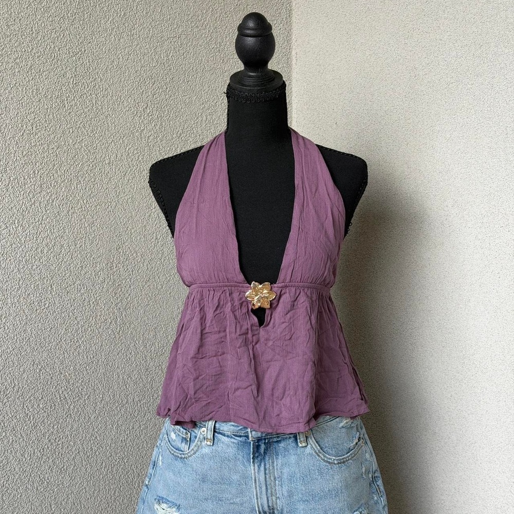 Just Polly Purple halter neck top with gold flower detail  Size S NWT